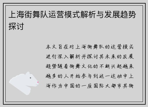 上海街舞队运营模式解析与发展趋势探讨